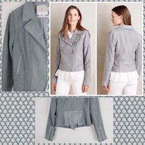 HEI HEI L Gray Faux-Suede Moto Jacket Laser Cut Perforated Biker Zipper Cuffs